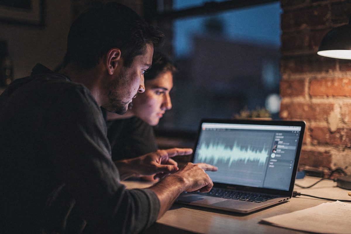Two people at a desk leaning toward a laptop screen showing a blurred waveform and settings panel